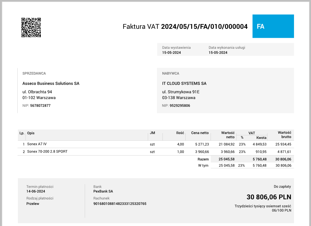 Przykładowy wydruk faktur z kodem QR