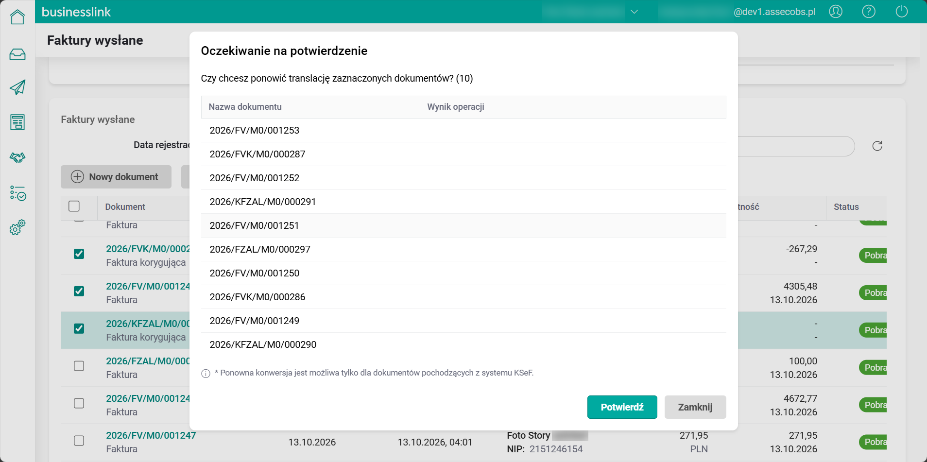 Okno potwierdzenia ponownej translacji z lista dokumentow